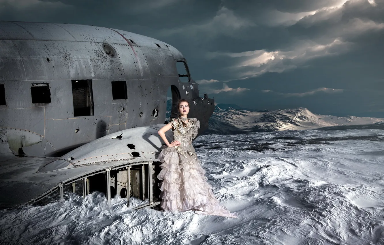 Photo wallpaper girl, snow, the plane