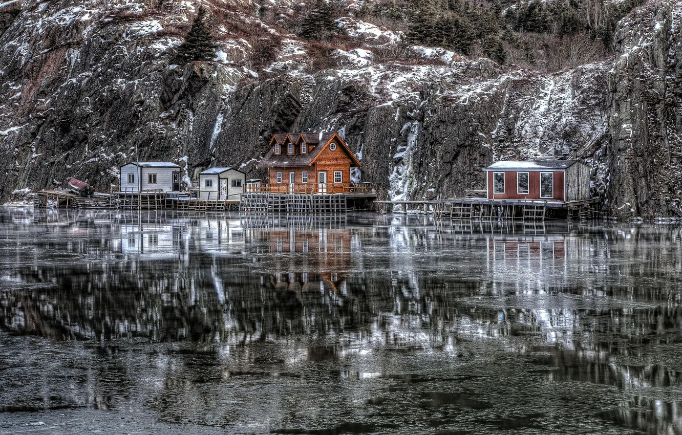 Photo wallpaper landscape, lake, house, mountain