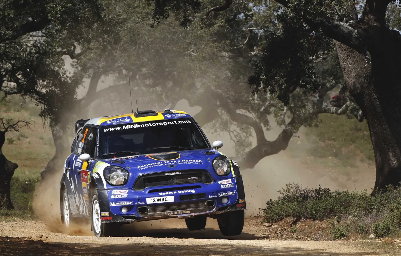 Photo wallpaper Auto, Blue, Trees, Sport, Race, Mini Cooper, WRC, Rally