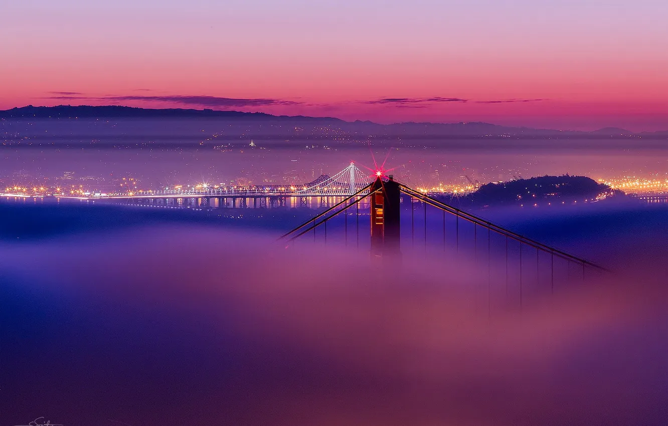 Photo wallpaper lights, fog, Golden Gate Bridge, San Francisco, San Francisco