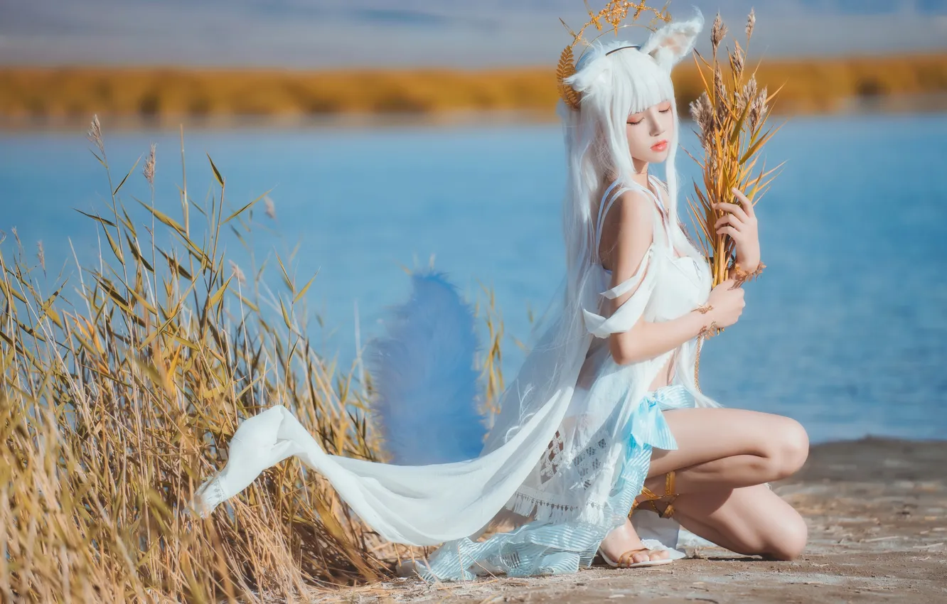 Photo wallpaper woman, animal ears, water, tail, beautiful, model, pretty, cosplay