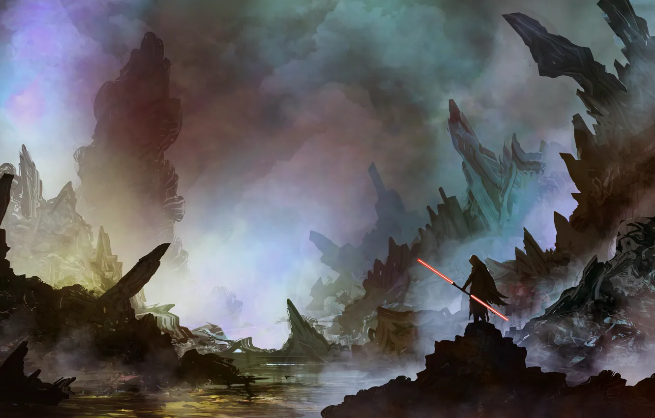 Photo wallpaper landscape, figure, sword, Star Wars, art, lightsaber, landscapes, Sith