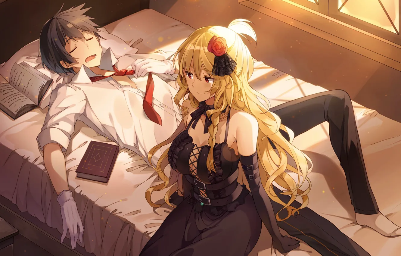 Photo wallpaper girl, anime, art, sleeping, tie, bed, book, guy