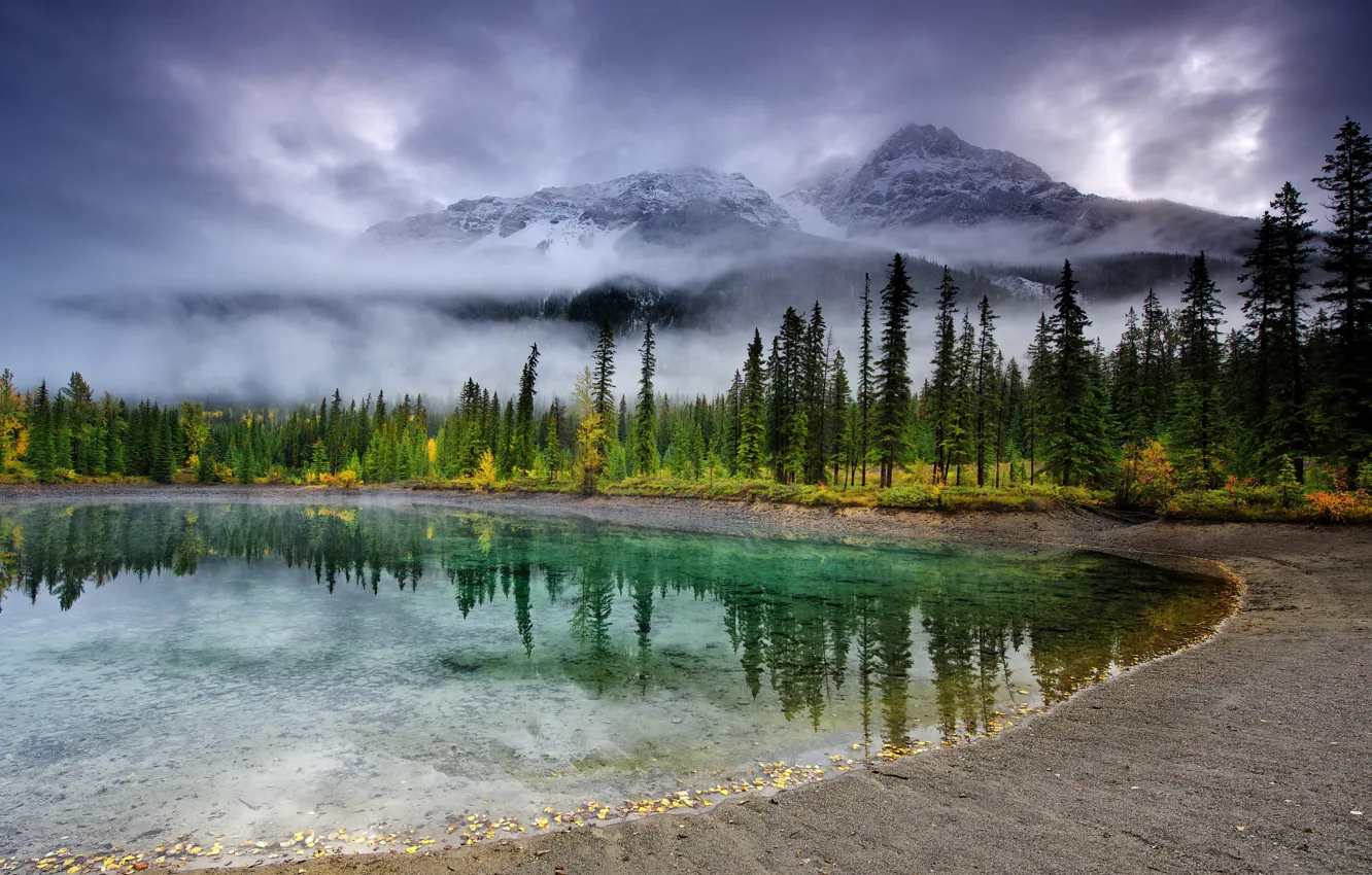 Photo wallpaper clouds, trees, mountains, fog, lake