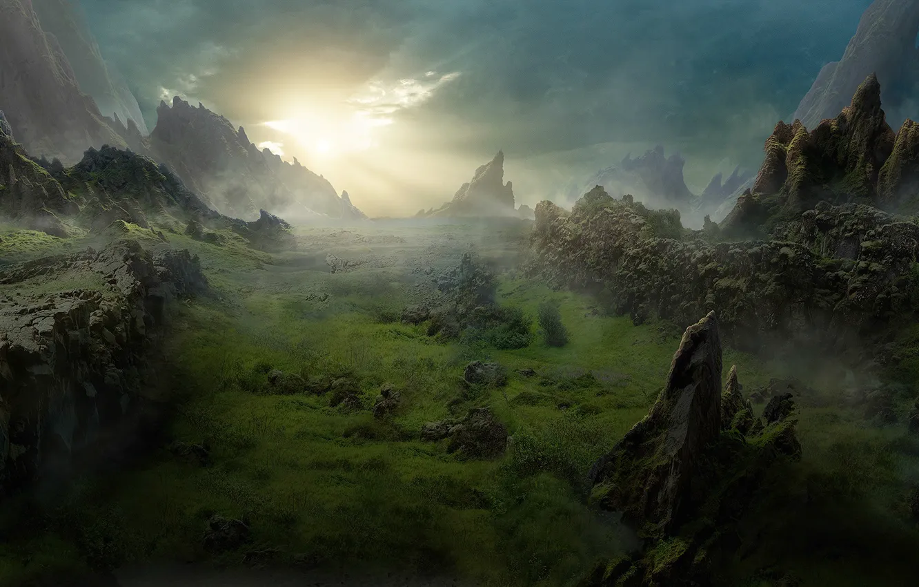 Photo wallpaper the sky, the sun, mountains, rocks, vegetation