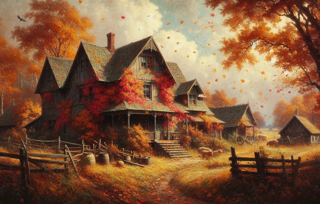 Photo wallpaper autumn, home, Terem, AI art, a cozy little world, neural network