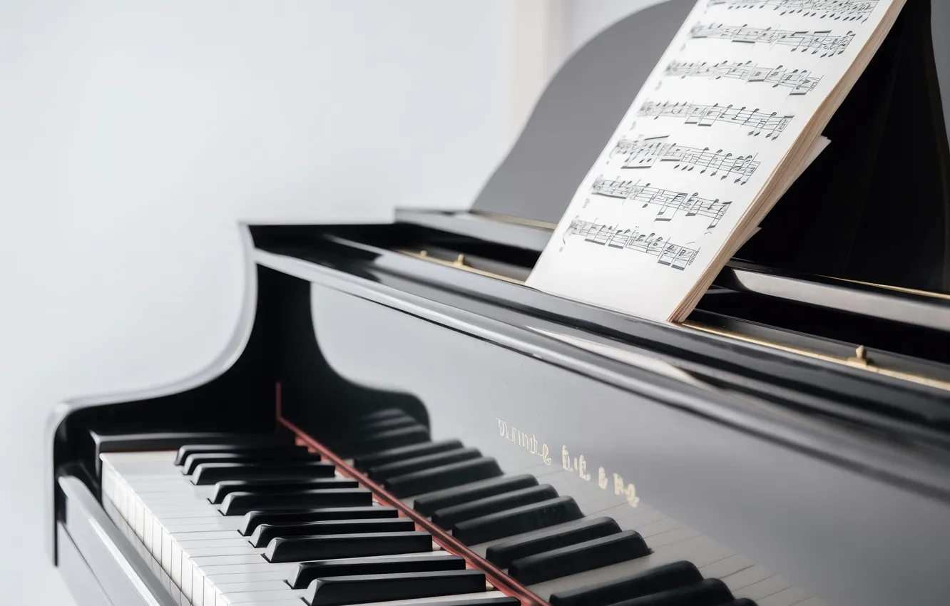 Photo wallpaper reflection, piano, notes, AI art, piano, keys, neural network