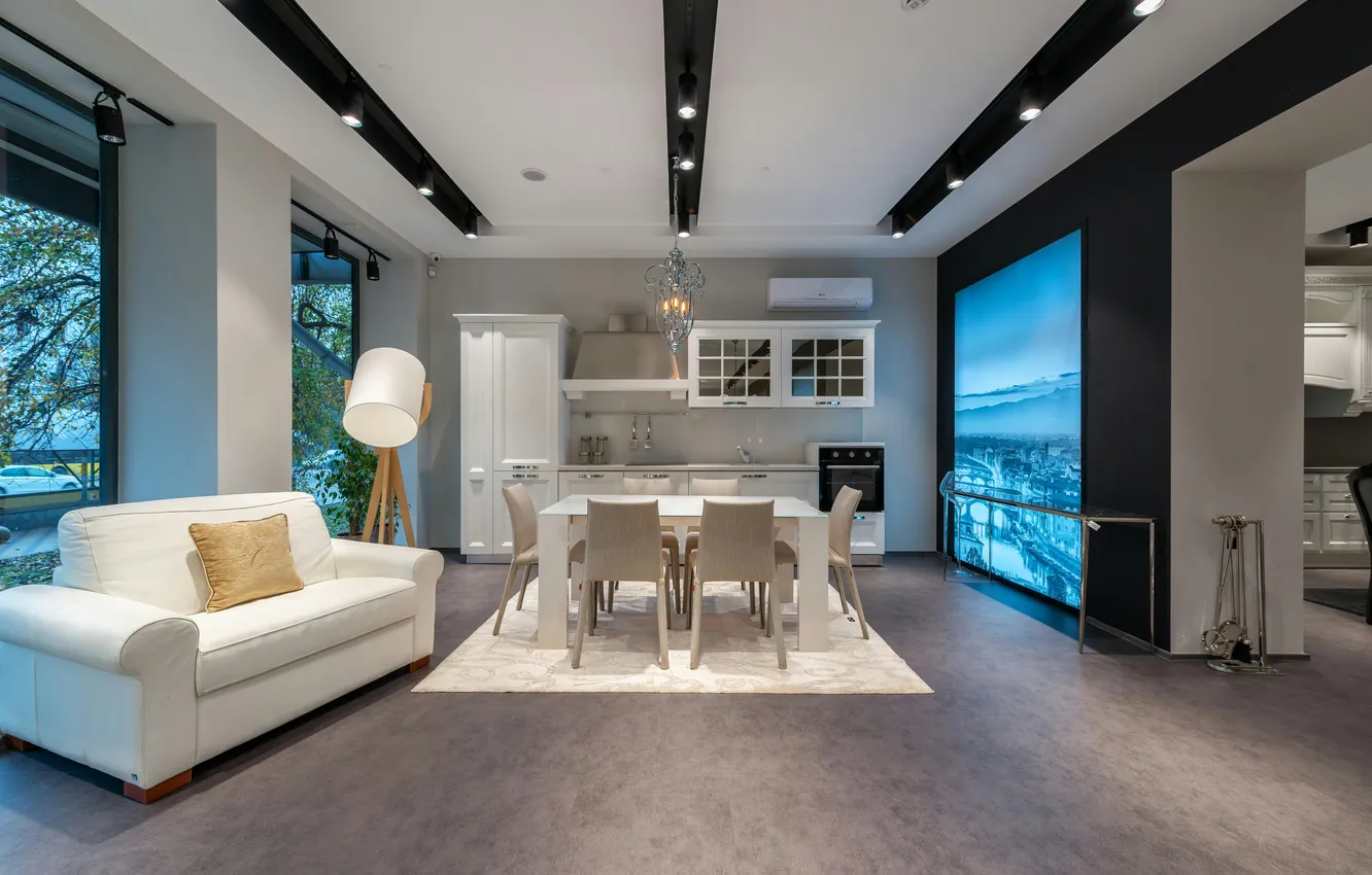 Photo wallpaper design, style, lamp, interior, kitchen, sofa, dining room