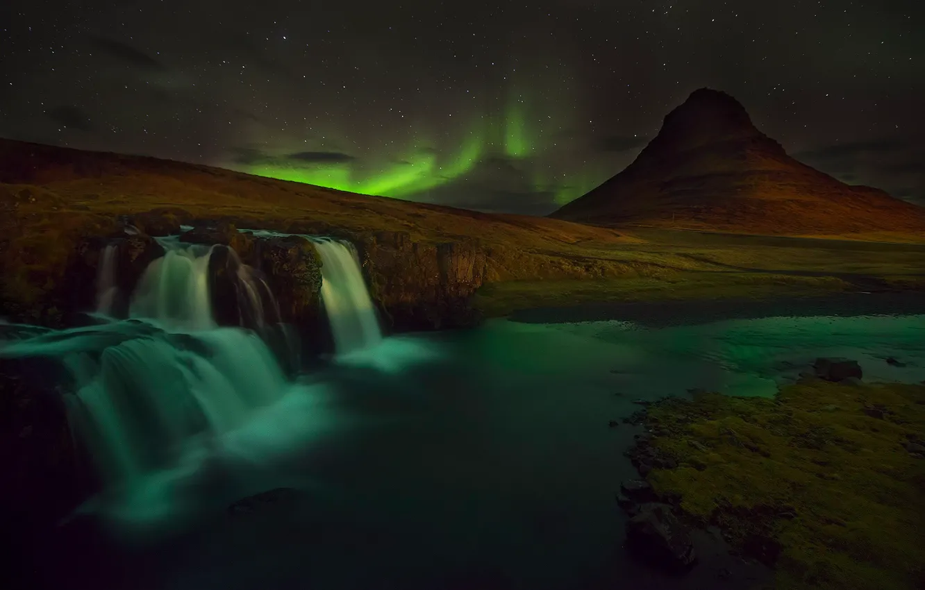 Photo wallpaper snow, night, rocks, mountain, waterfall, Northern lights, the volcano, Iceland