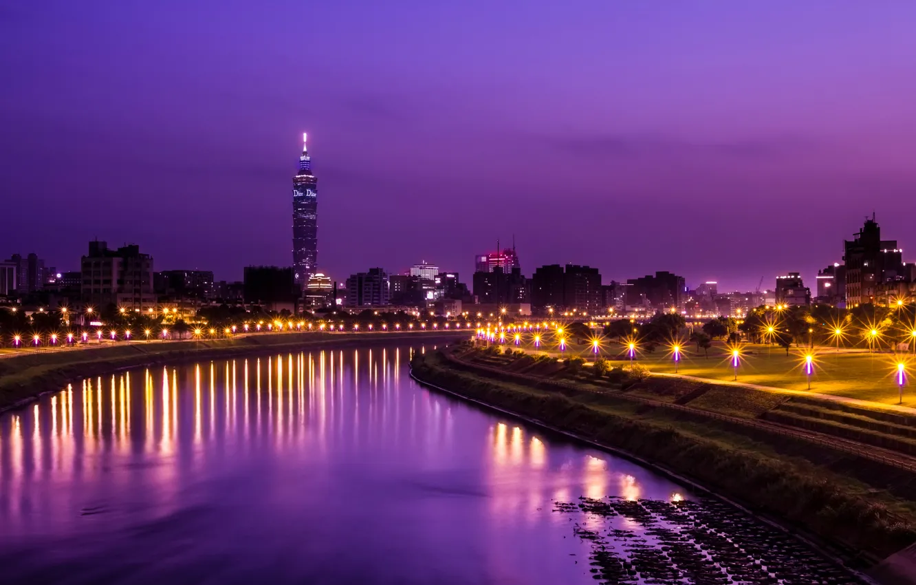 Photo wallpaper the sky, light, night, the city, lights, reflection, river, tower