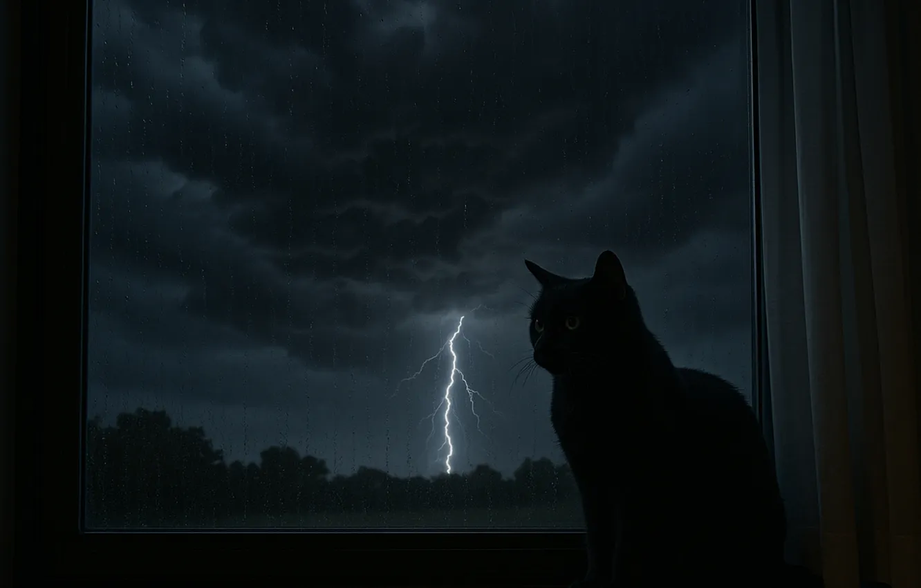 Photo wallpaper cat, night, lightning