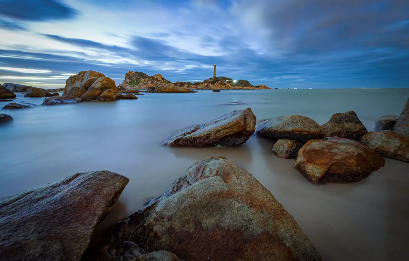Photo wallpaper sea, the sky, stones, shore, lighthouse