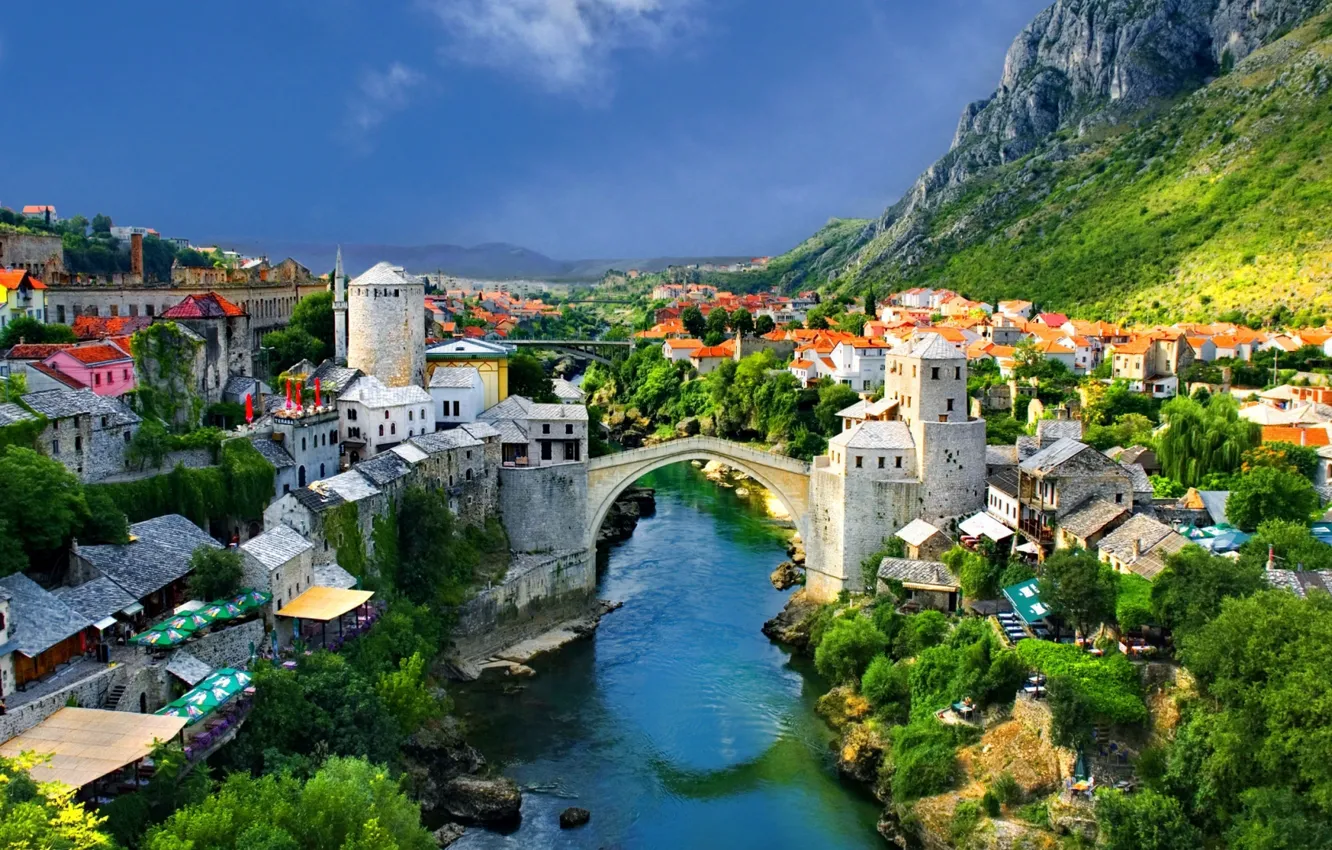 Photo wallpaper river, sky, trees, bridge, mountains, houses, Mostar, Bosnia and Herzegovina