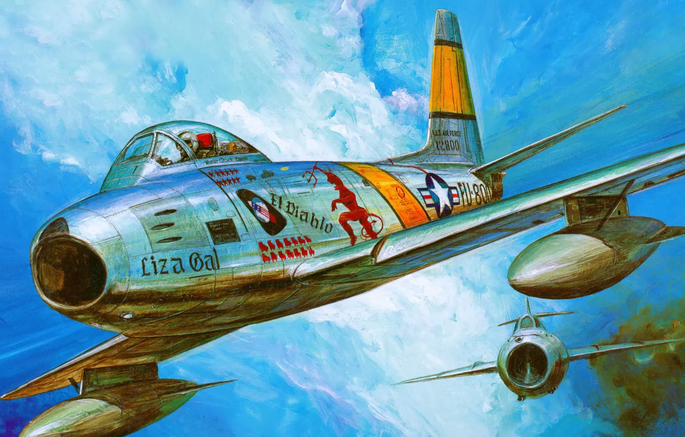 Photo wallpaper figure, art, UNITED STATES AIR FORCE, prosecution, North American, dogfight, The MiG-15, Sabre