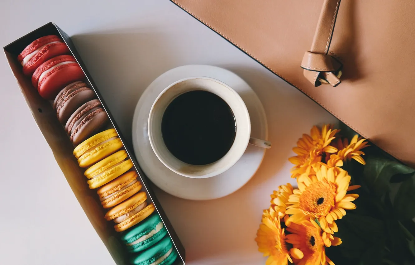 Photo wallpaper flowers, coffee, cookies, Cup, cakes, macaroon
