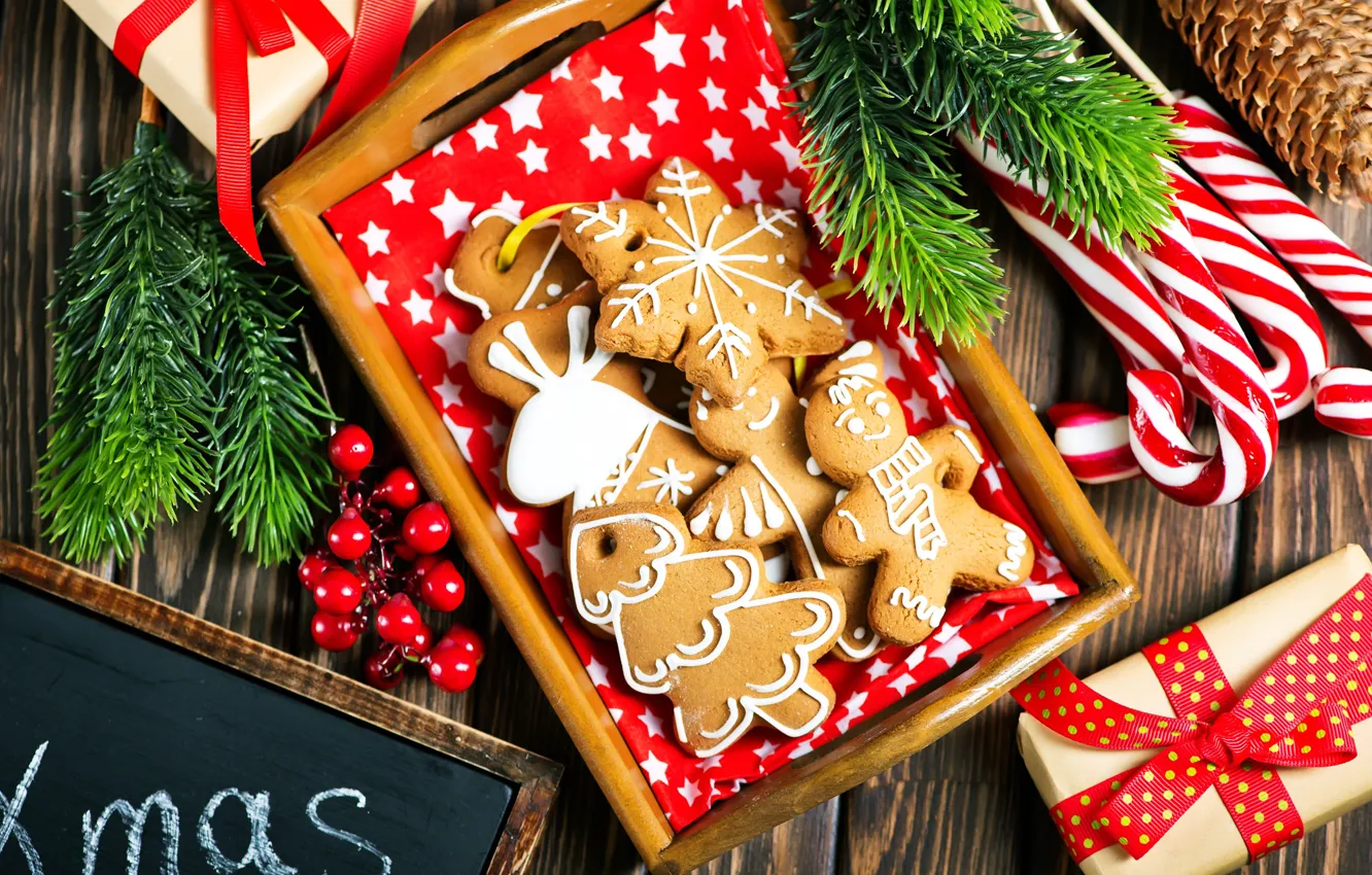 Photo wallpaper snow, decoration, toys, tree, New Year, cookies, Christmas, gifts