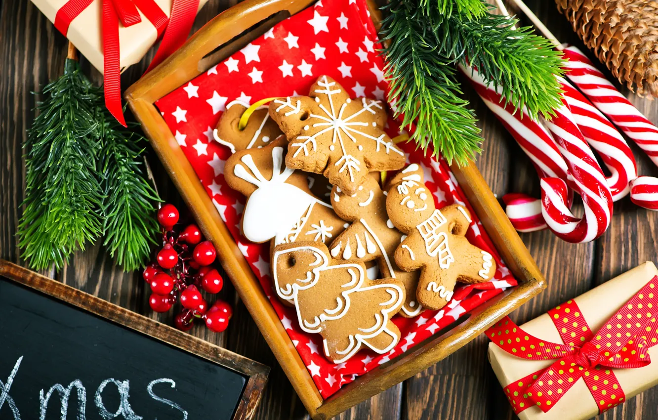 Photo wallpaper snow, decoration, gift, toy, tree, new year, cookies, Christmas