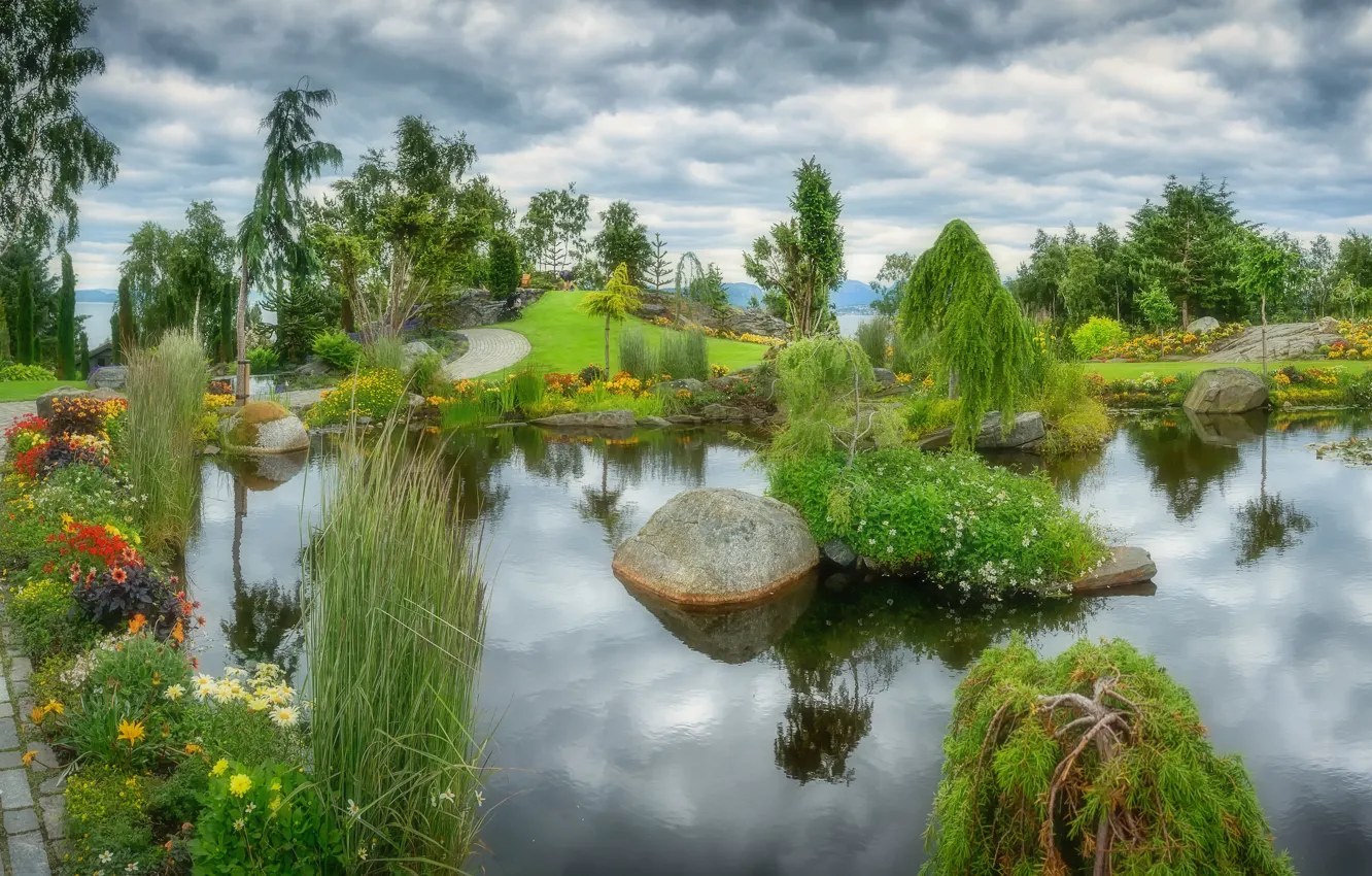 Photo wallpaper the sky, water, trees, flowers, clouds, nature, pond, Park