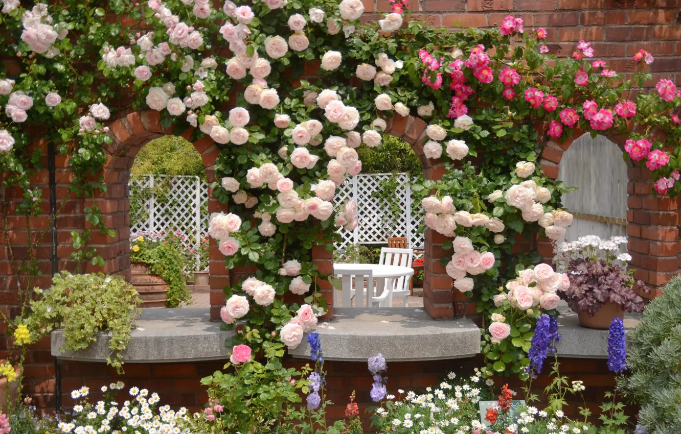 Photo wallpaper flowers, roses, chamomile, garden