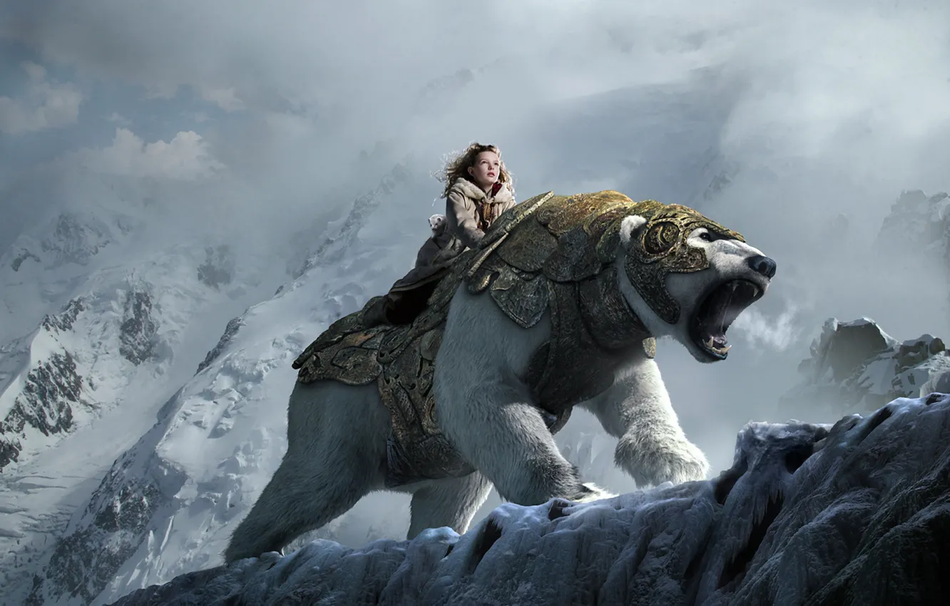 Photo wallpaper snow, mountains, bear, girl, the Golden compass, the golden compass