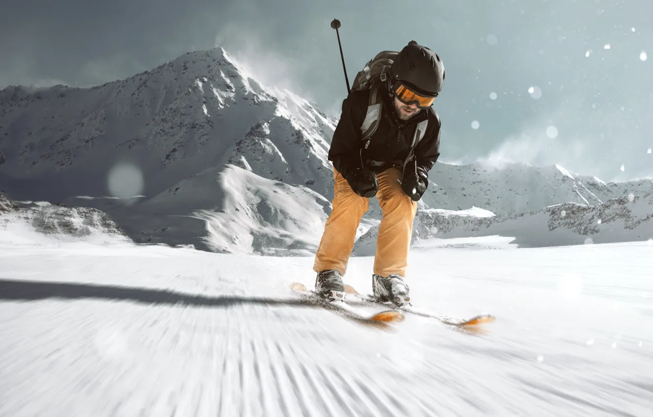 Photo wallpaper Winter, Mountains, Snow, Sport, Glasses, Helmet, Male, Fun