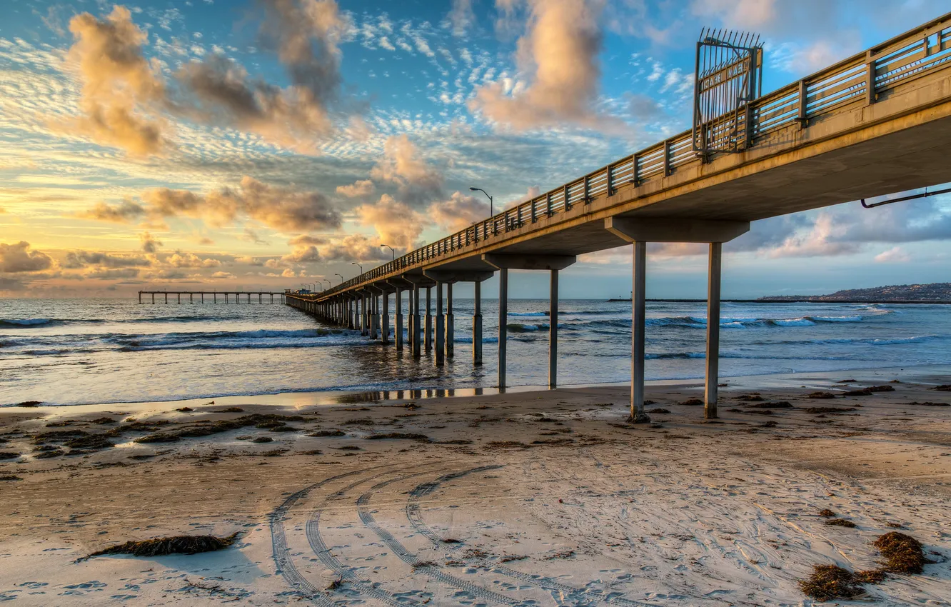 Photo wallpaper sea, beach, the sky, clouds, nature, coast, pier, pierce