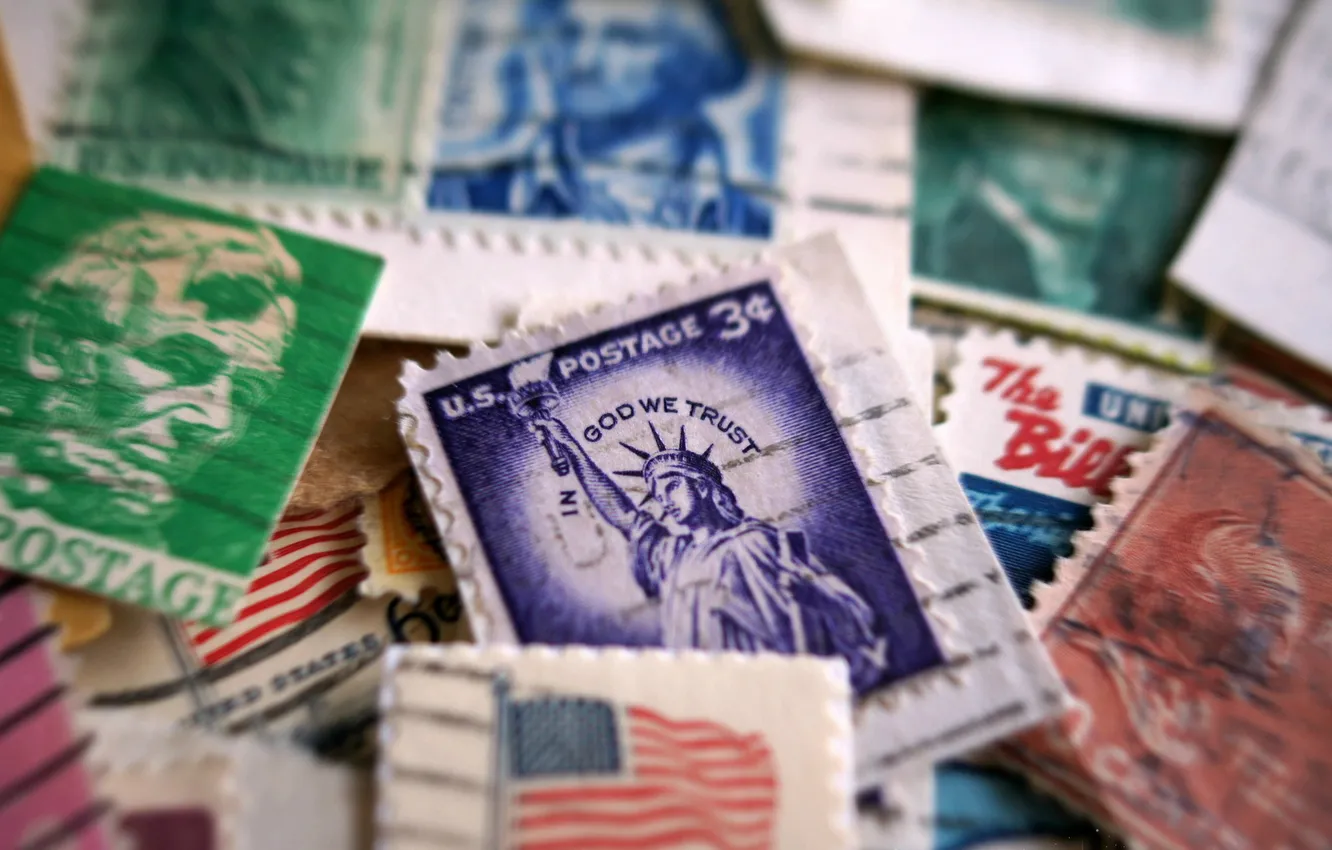 Photo wallpaper Lincoln, vintage, macro, Washington, flag, stamps, Presidents