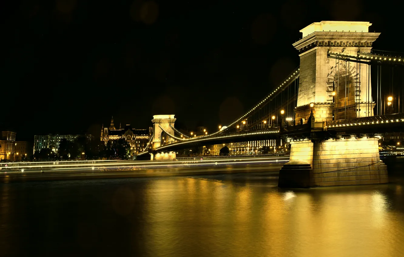 Photo wallpaper Night, Hungary, Budapest, Danube River, Chain Bridge