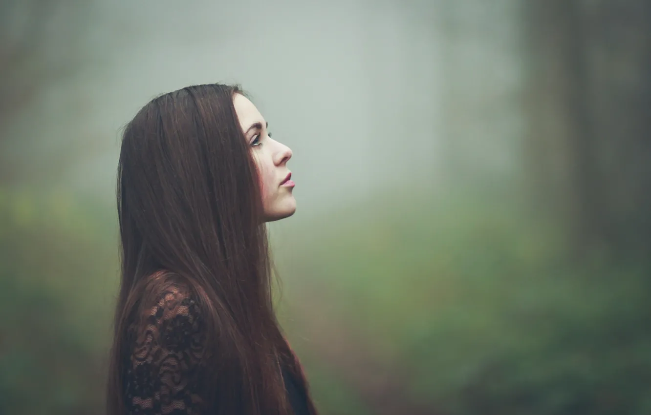 Photo wallpaper fog, background, model, portrait, makeup, hairstyle, profile, brown hair