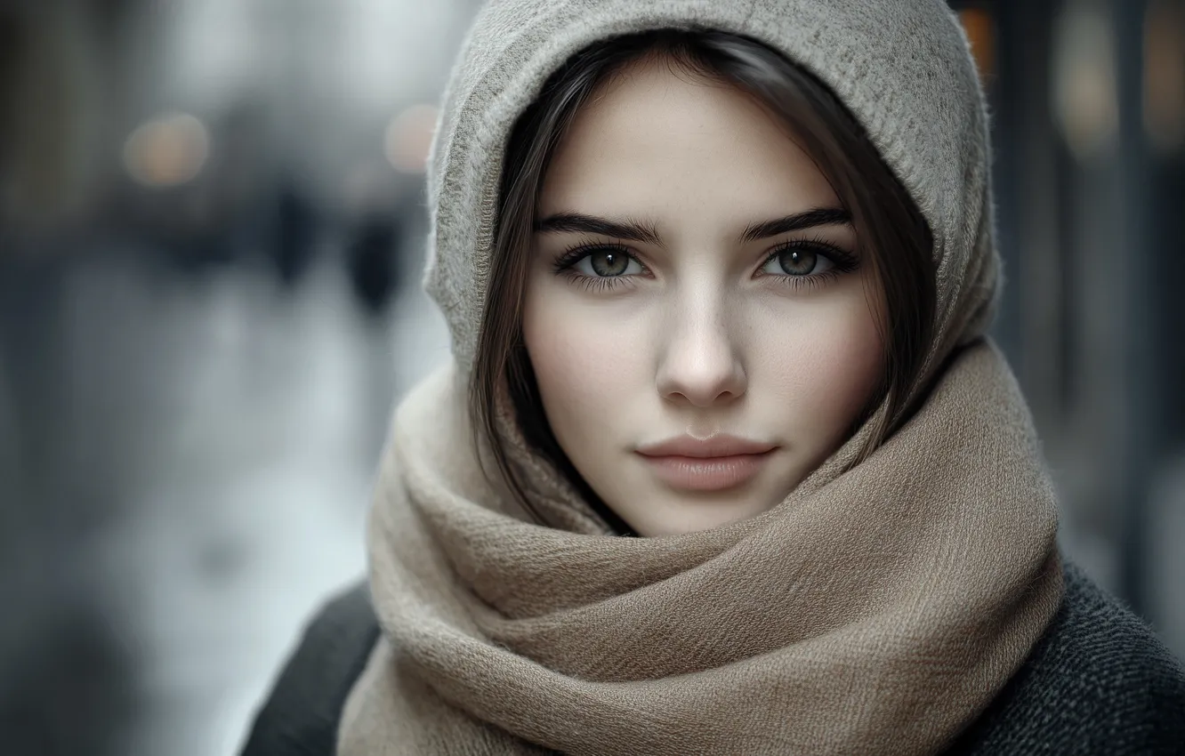 Photo wallpaper look, girl, face, portrait, scarf, neural network