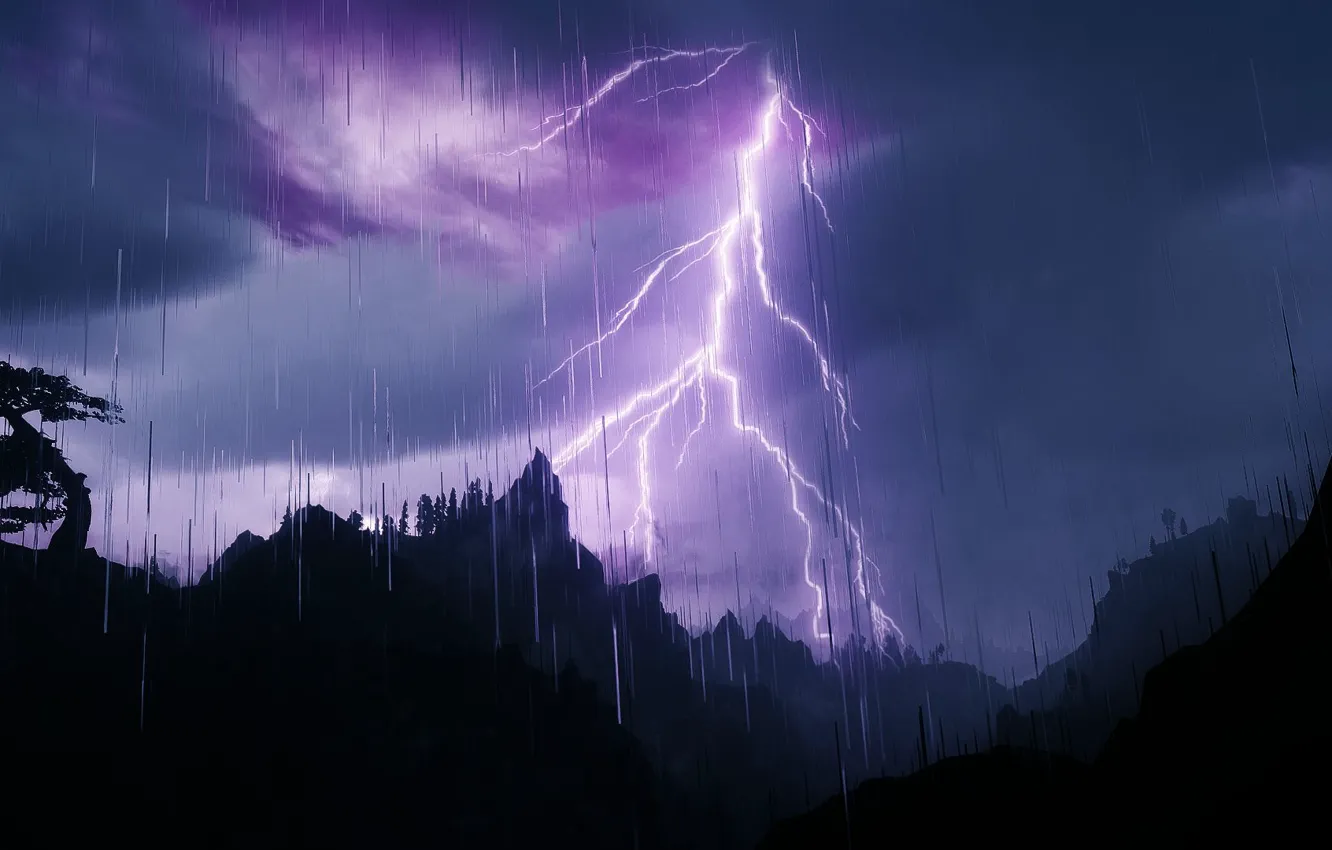 Photo wallpaper the sky, mountains, clouds, nature, rain, tree, lightning, silhouette
