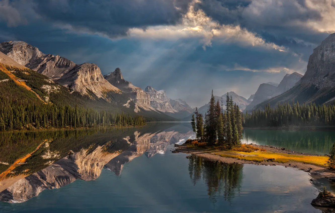 Photo wallpaper forest, the sky, mountains, lake, shore, slope, Canada, Albert