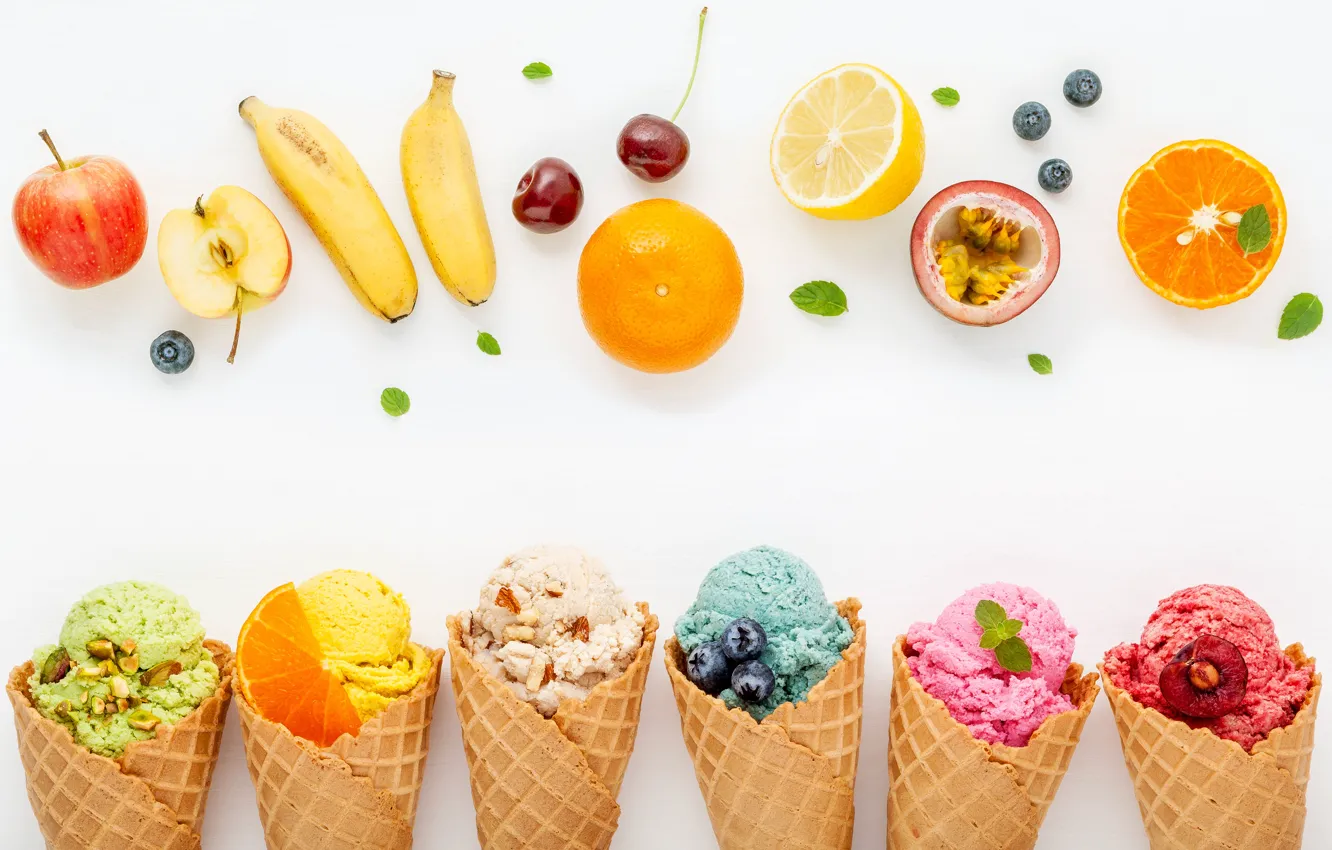 Photo wallpaper berries, colorful, ice cream, fruit, horn, fruit, berries, ice cream