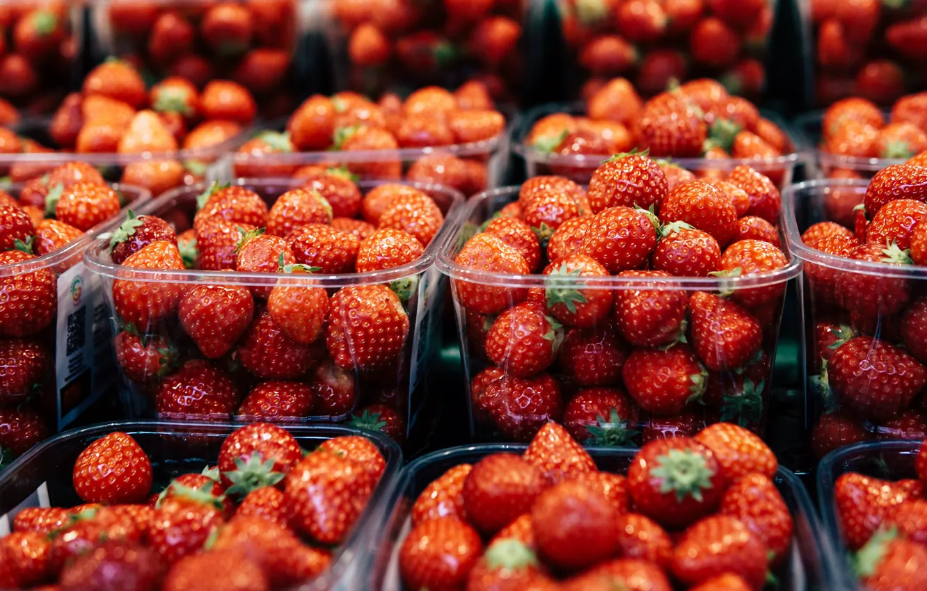 Photo wallpaper berries, strawberry, a lot, market, shop, bokeh, selling, in trays