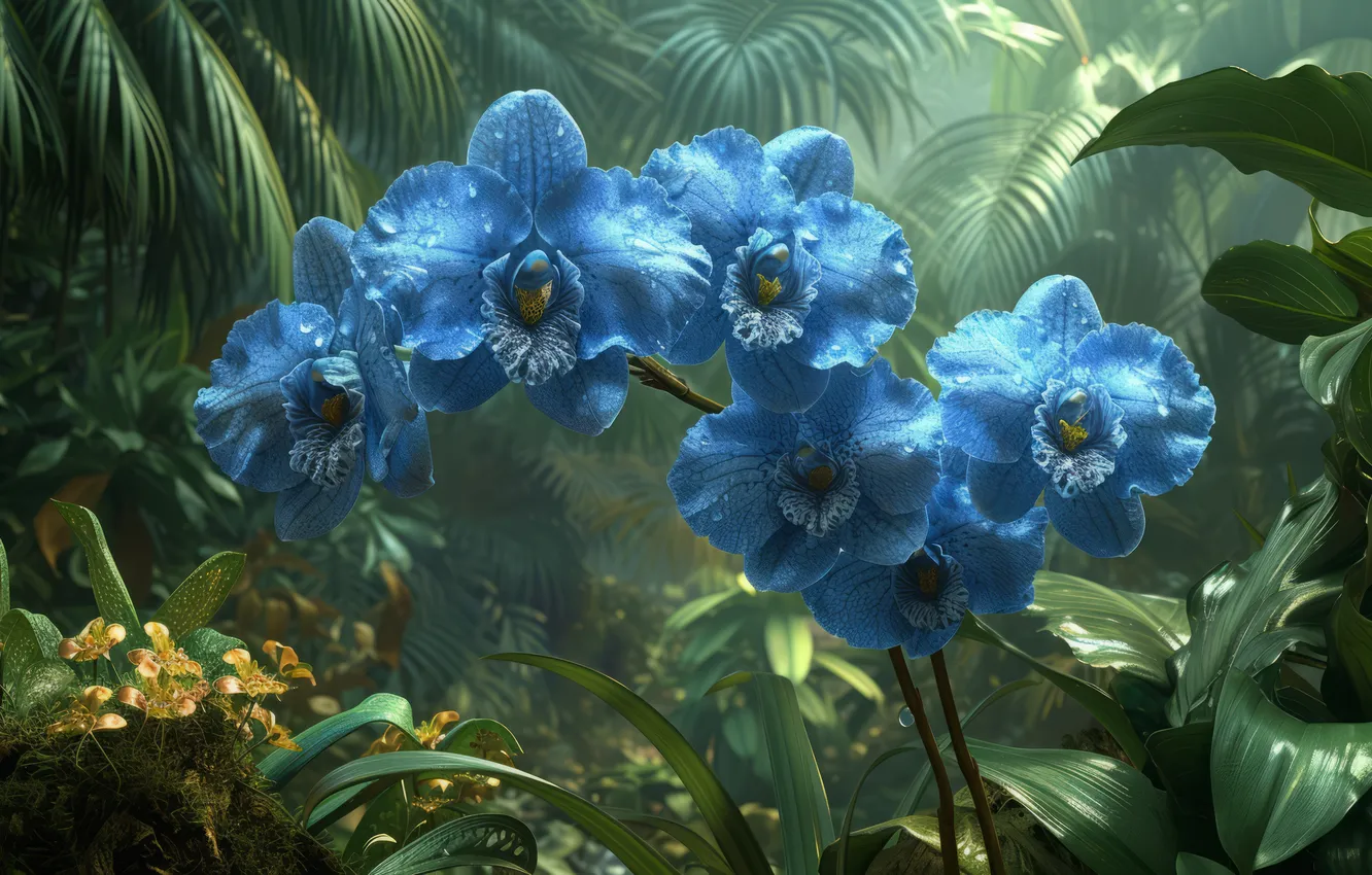 Photo wallpaper leaves, drops, light, flowers, branches, blue, nature, tropics