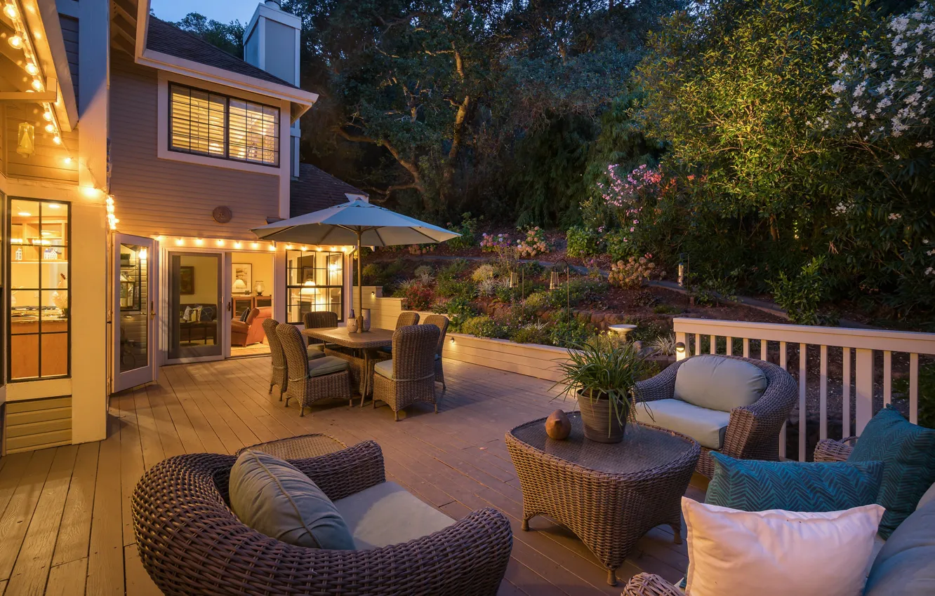 Photo wallpaper home, chair, the evening, table, terrace, rattan