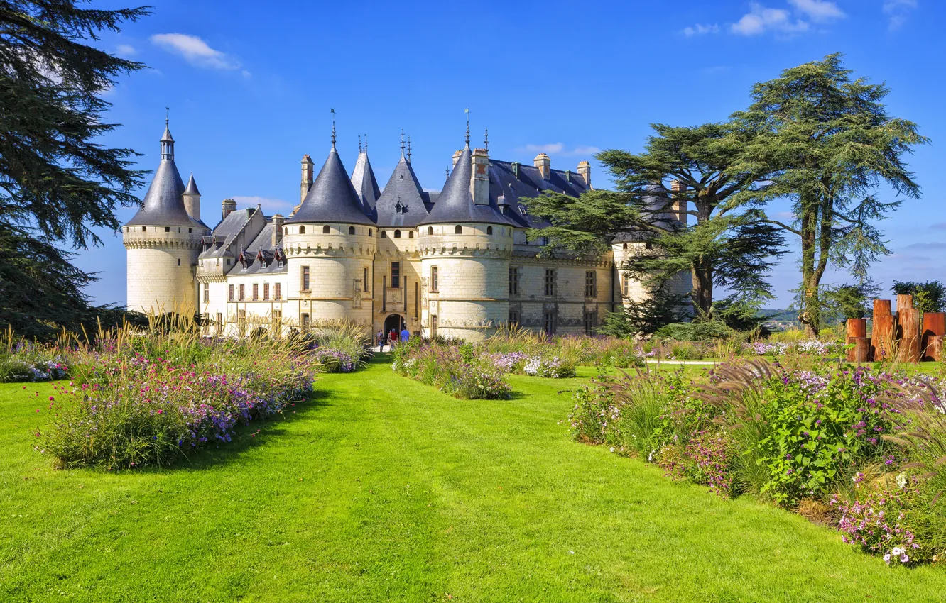 Photo wallpaper flowers, castle, France, lawn, Chaumont-sur-Loire castle