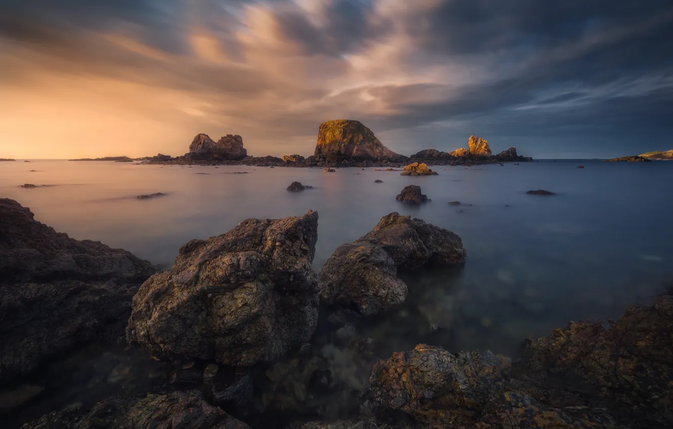 Photo wallpaper sea, the sky, clouds, stones, rocks, shore, the bottom, dal