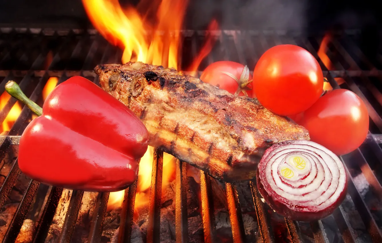Photo wallpaper photo, Pepper, Tomatoes, Food, products, Meat, Onion