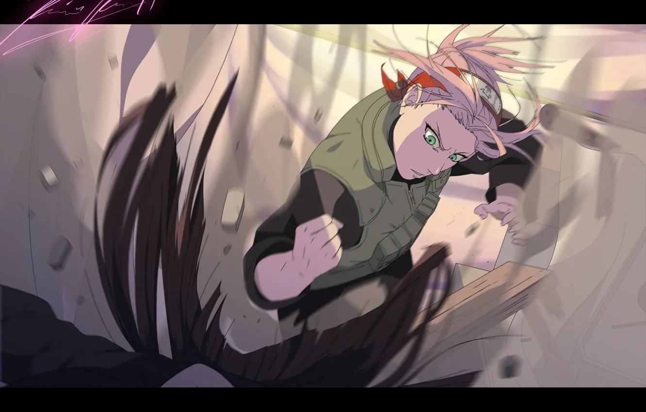 Photo wallpaper look, girl, stones, dust, blow, headband, Naruto, Sakura Haruno