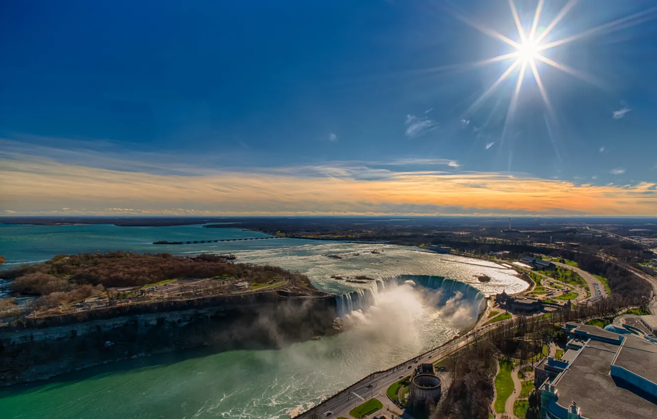Photo wallpaper the sun, river, Canada, panorama, Ontario, Niagara falls