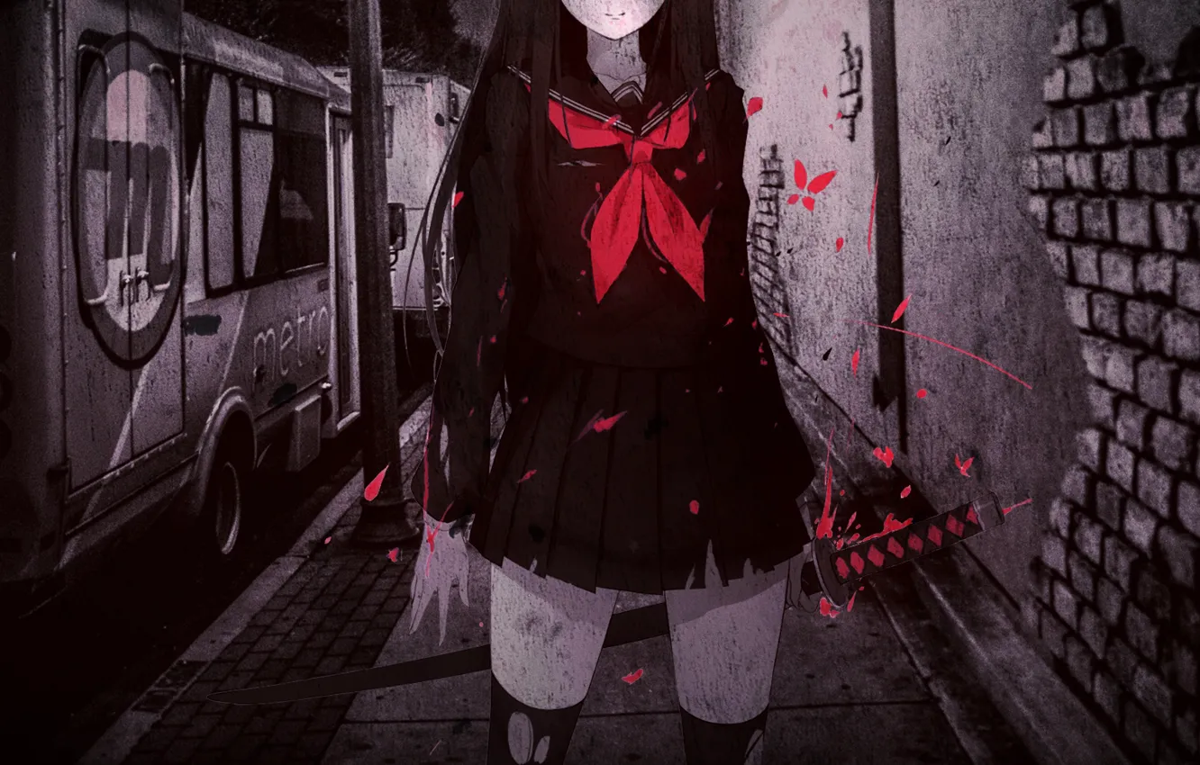 Photo wallpaper night, street, blood, katana, spot, schoolgirl, art, brick wall