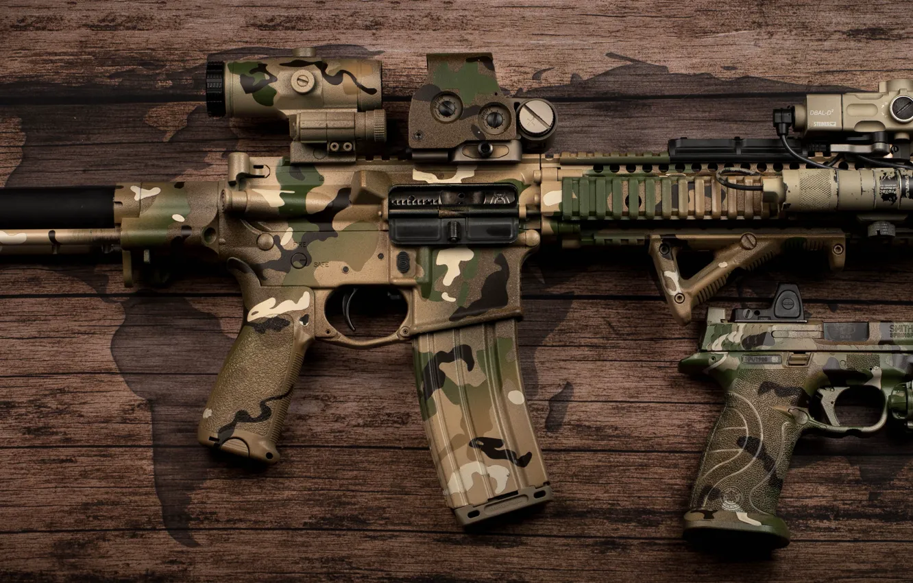 Photo wallpaper design, gun, flashlight, camouflage, coloring, carabiner, assault rifle