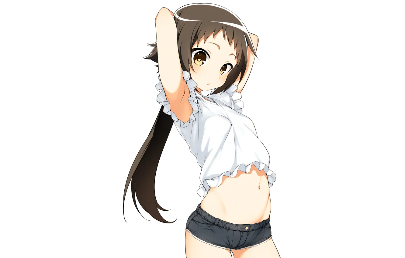 Photo wallpaper girl, shorts, long hair, anime, beautiful, ponytail, pretty, attractive