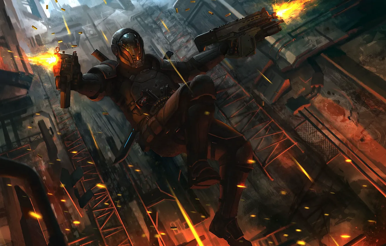 Photo wallpaper weapons, jump, shot, art, helmet, male, armor, sleeve