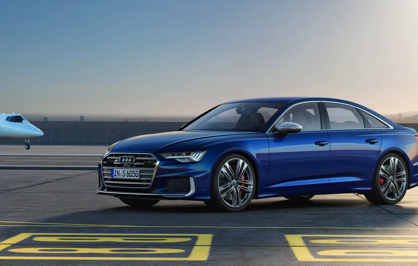 Photo wallpaper blue, Audi, sedan, the airfield, Audi A6, 2019, Audi S6