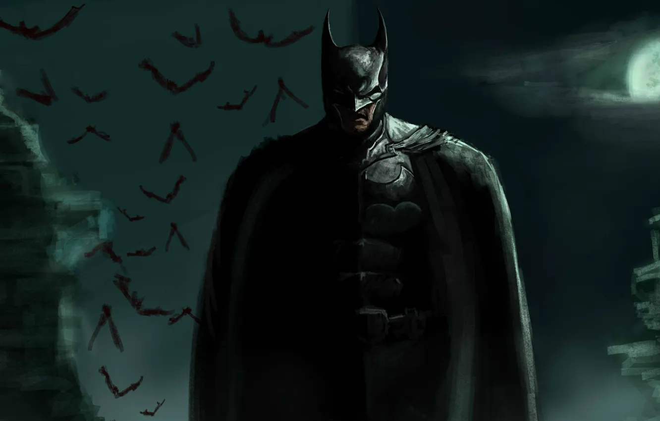 Photo wallpaper the moon, art, hero, costume, Batman, male, bats, Batman