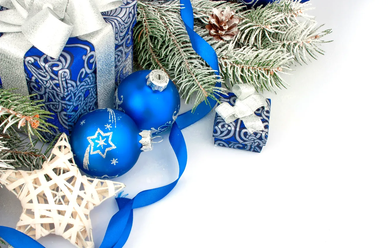 Photo wallpaper decoration, balls, New Year, Christmas, gifts, Christmas, balls, blue