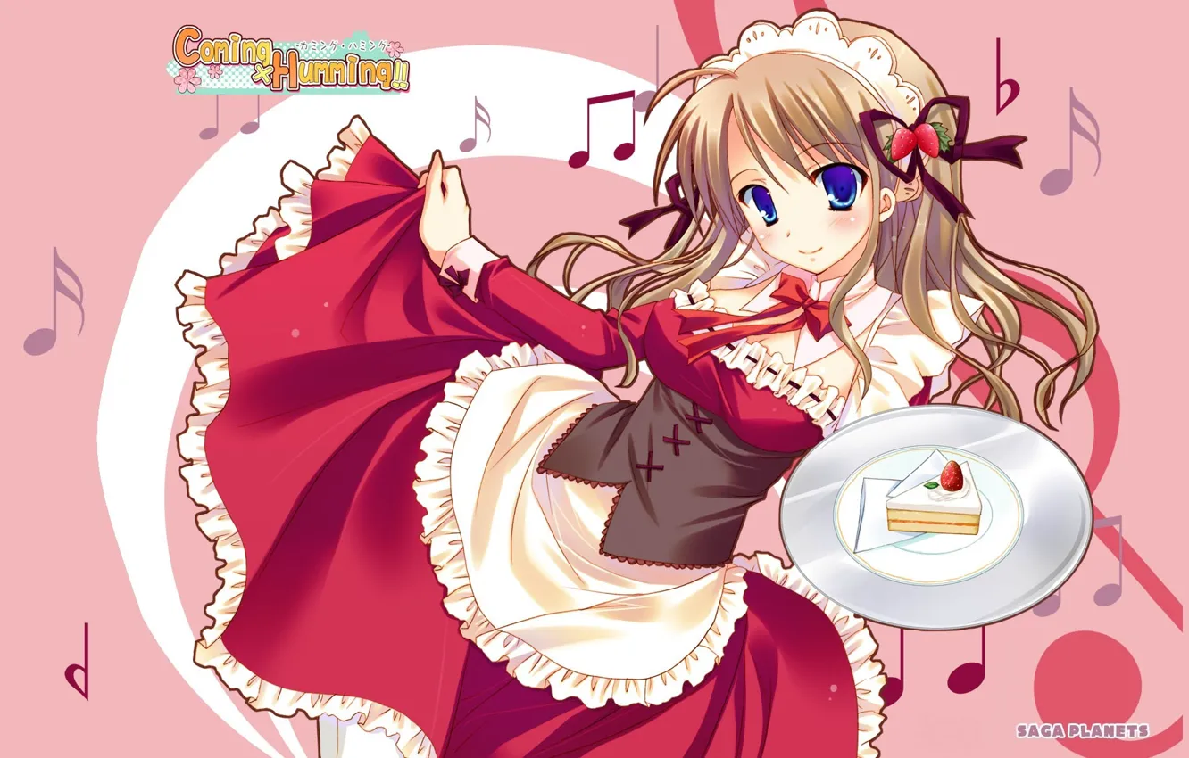 Photo wallpaper Ruski, strawberry, corset, bows, pink background, the maid, a piece of cake, bezel