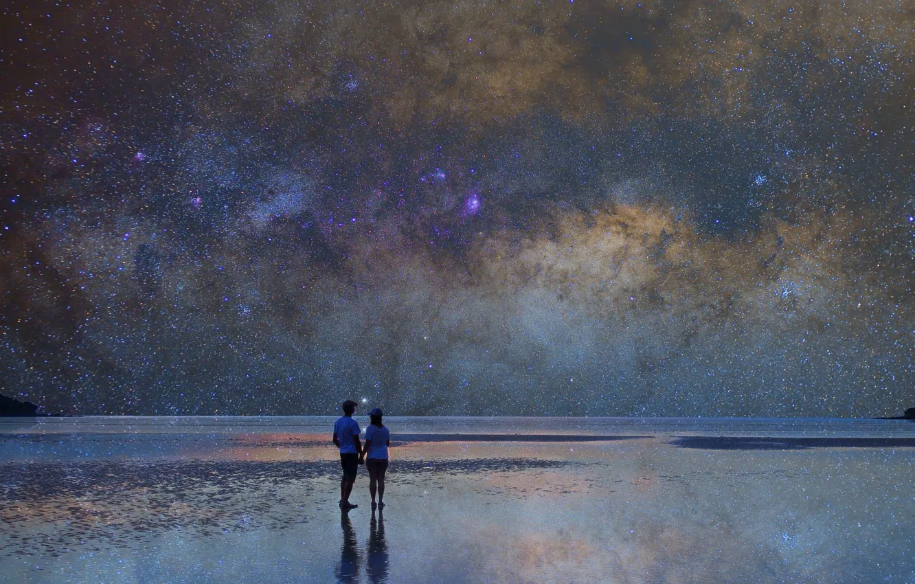 Photo wallpaper space, pool, beach, sea, ocean, seascape, stars, couple